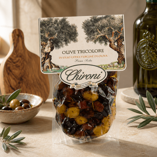 Chironi Olive Tricolore – trojfarebné olivy v extra panenskom olivovom oleji 250g Taliansko