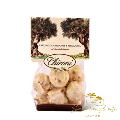 Mandľové a pistáciové pralinky s bielou čokoládou 150 g Taliansko