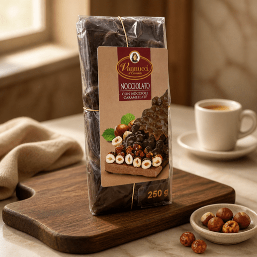 Vannucci Nocciolato – mliečna čokoláda s lieskovými orechmi a karamelizovanými lieskovcami 250g Taliansko
