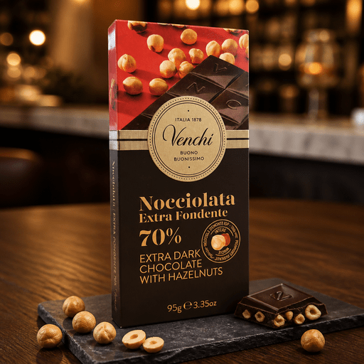 Venchi Nocciolata Fondente 70 % – extra horká čokoláda s celými lieskovými orechmi 95g Taliansko