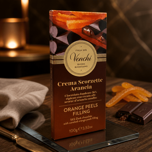 Venchi Crema Scorzette Arancia – horká čokoláda 56 % s pomarančom 100g Taliansko
