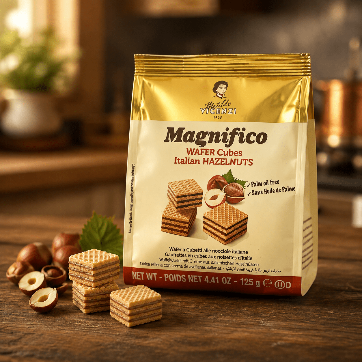 Matilde Vicenzi Magnifico – lieskovoorieškové oblátkové kocky 125g Taliansko