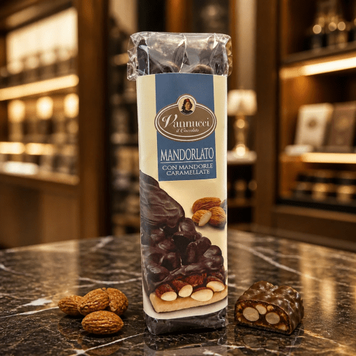 Vannucci - remeselná horká čokoláda s mandľami a karamelizovanými mandľami 135g Taliansko