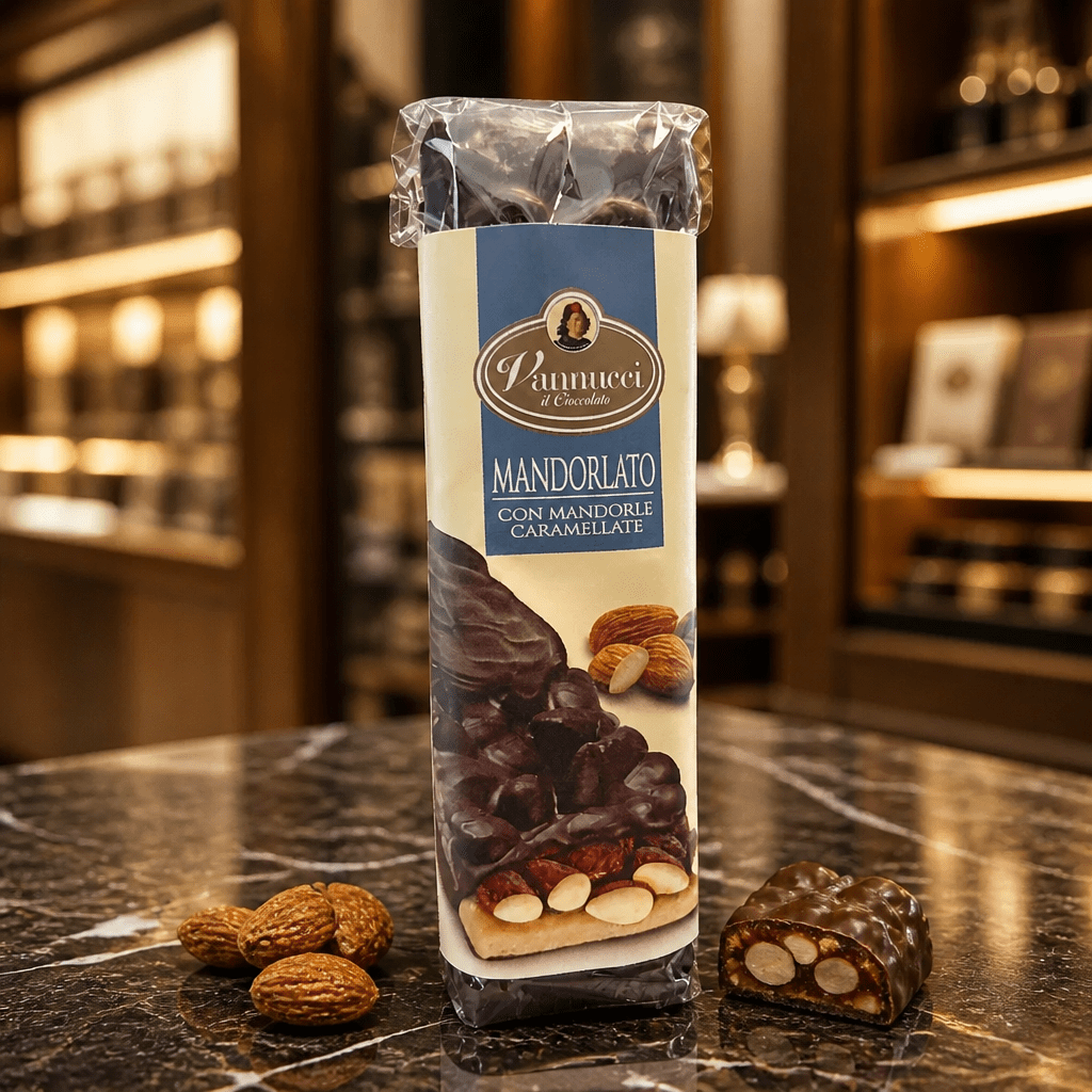 Vannucci - remeselná horká čokoláda s mandľami a karamelizovanými mandľami 135g Taliansko