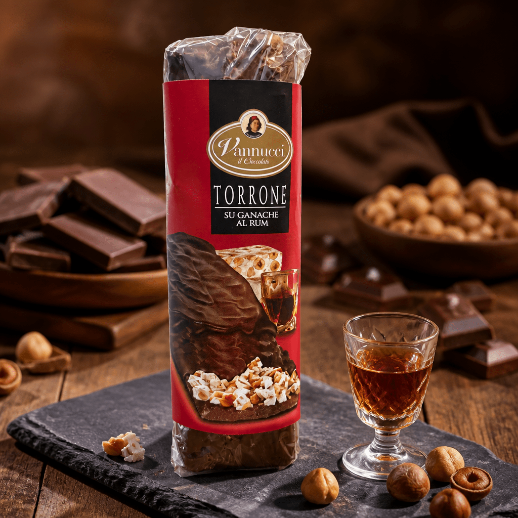 Vannucci - remeselná horká čokoláda s rumovou ganache a kúskami torrone 135g Taliansko