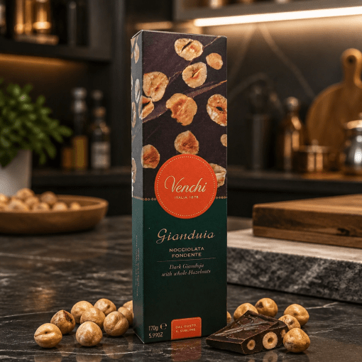 Venchi Gianduja Nocciolata Fondente – horká čokoláda s celými lieskovcami 170g Taliansko