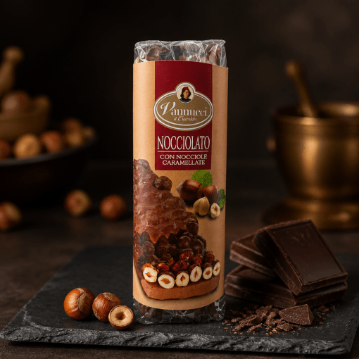 Vannucci - remeselná mliečna čokoláda s lieskovoorieškovou náplňou a karamelizovanými lieskovcami 135g Taliansko